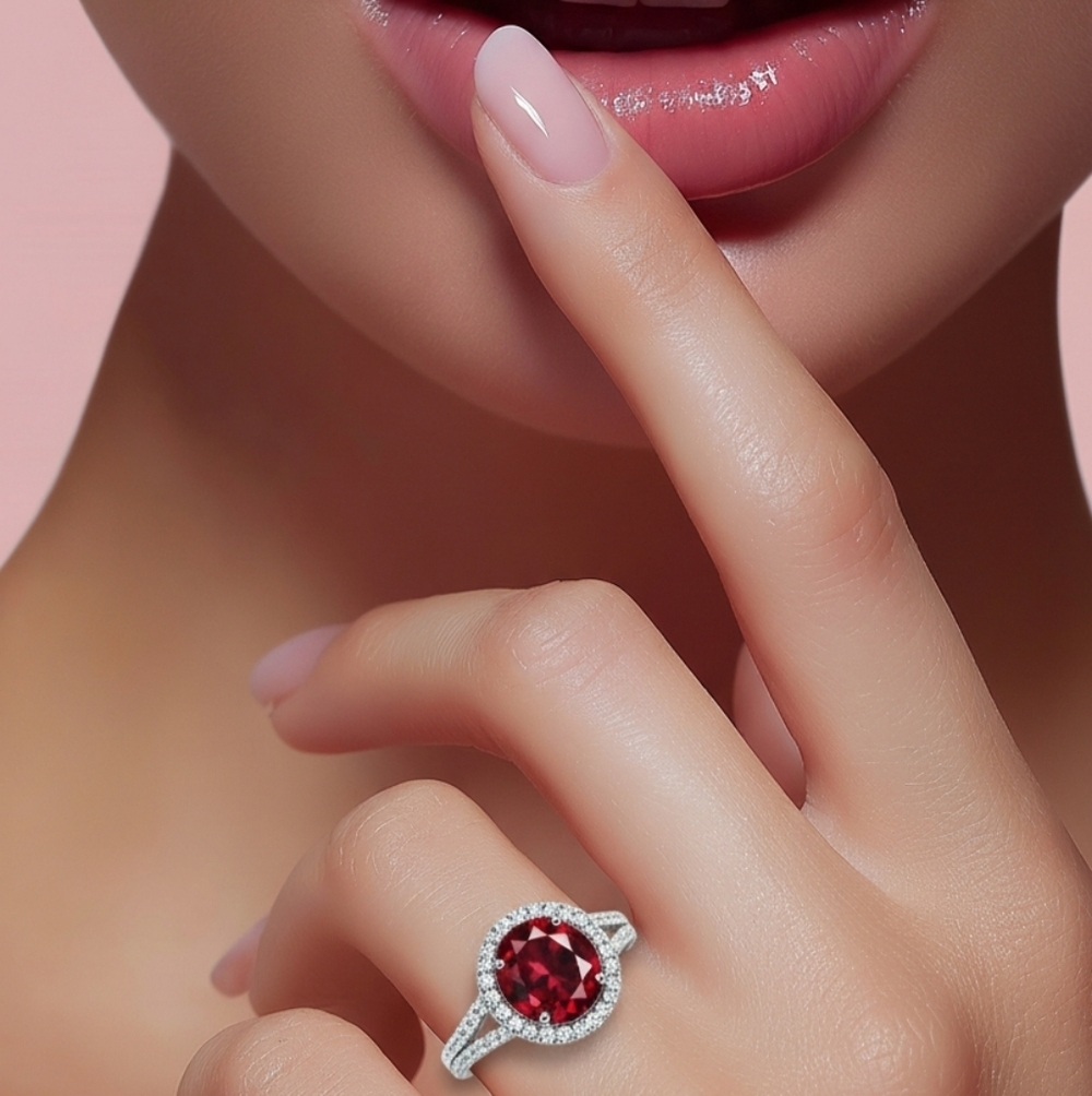 Mozambique Garnet White Sapphire halo ring size 7 🆕